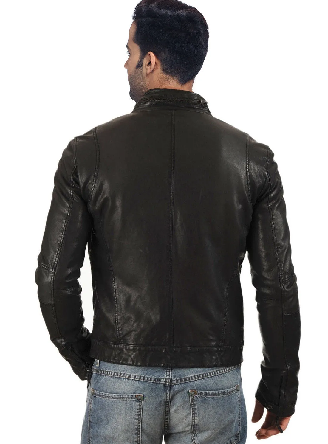 Men Washed Motorcycle Biker Leather Jacket with Diamond Padding at sleeves