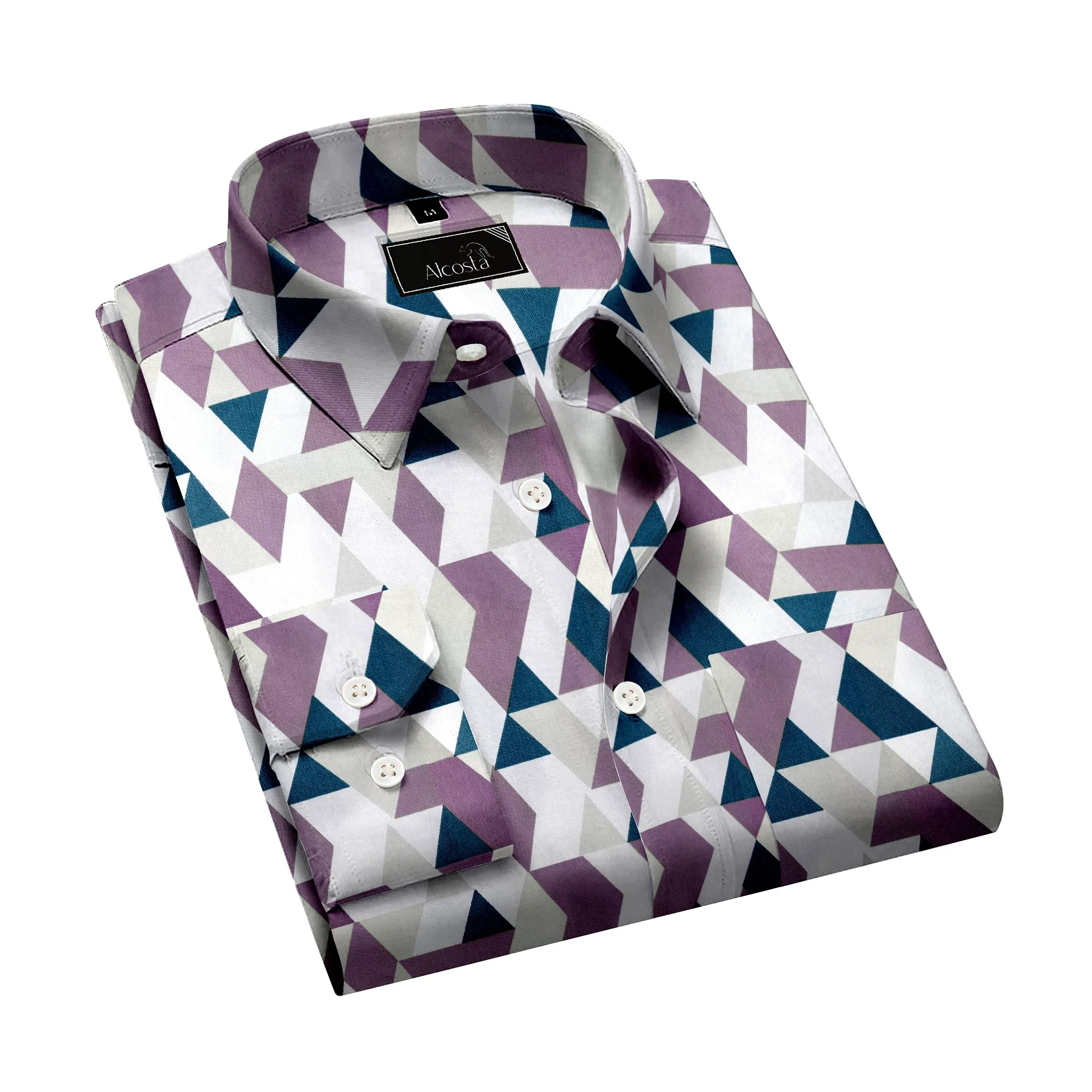 MENS PINK AND WHITE TRIANGLE PRINT LYCRA COTTON  SHIRT
