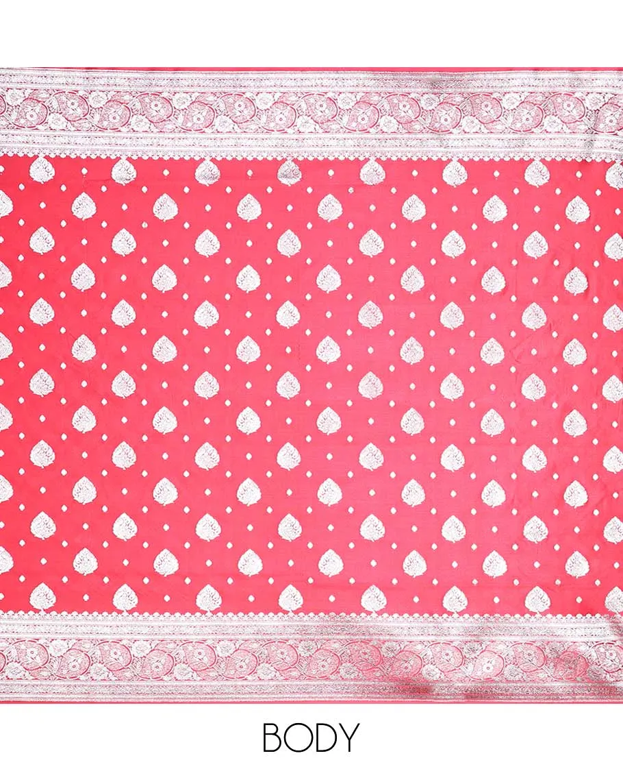 Pink semi banaras satin saree with unique buttas, self-border of floral designs & pallu of intricate designs