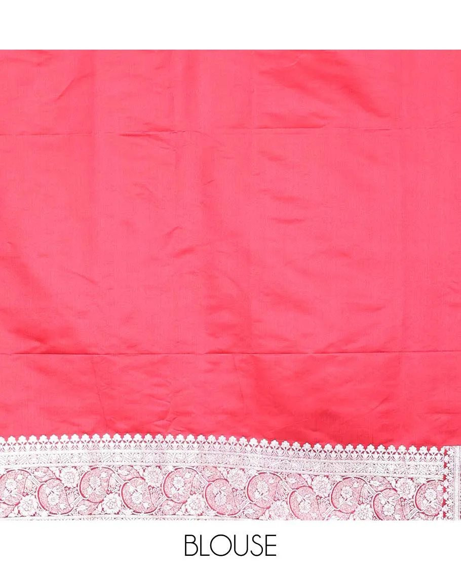 Pink semi banaras satin saree with unique buttas, self-border of floral designs & pallu of intricate designs