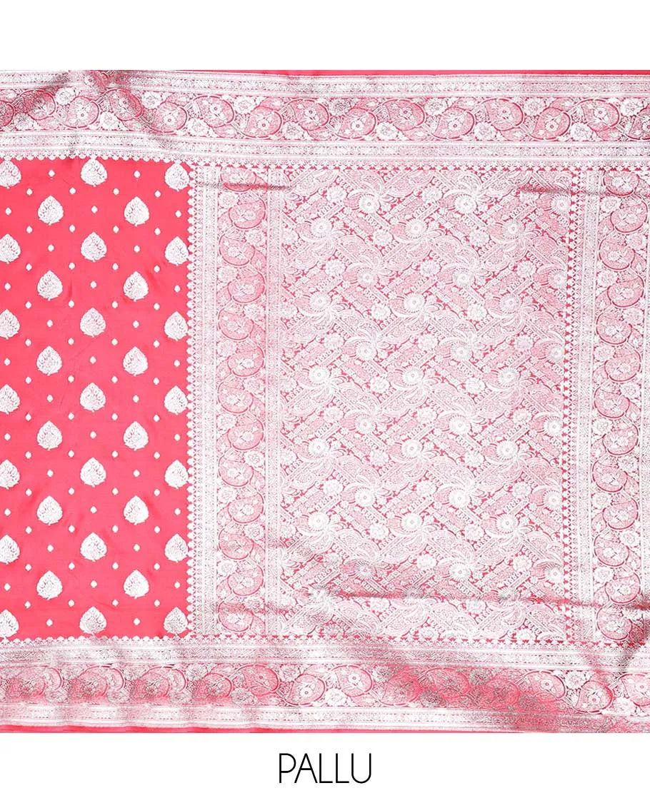 Pink semi banaras satin saree with unique buttas, self-border of floral designs & pallu of intricate designs
