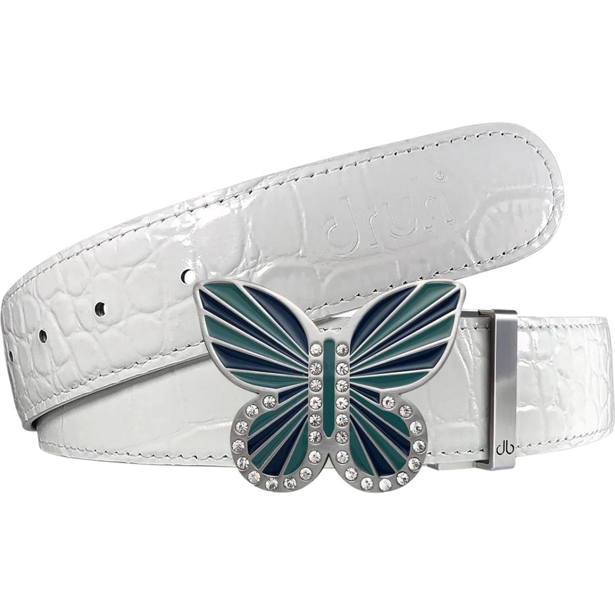 White Crocodile Textured Leather Belt with Butterfly Buckle